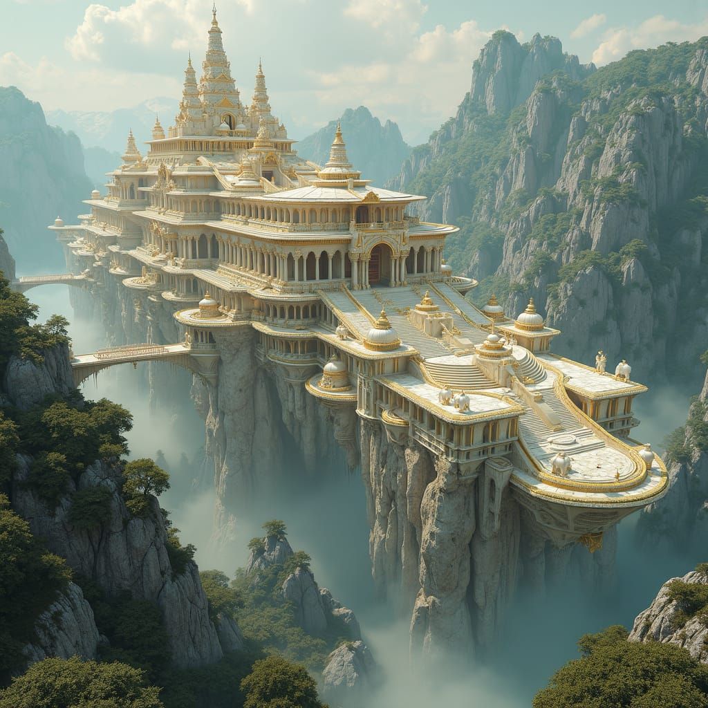 Temple City Cascading Down Magical Car: Digital Illustration