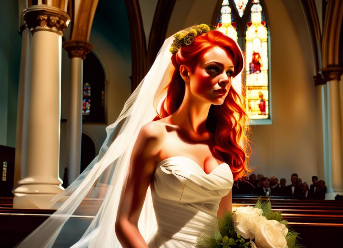 Redhead Bride Walking Aisle, in Pin-Up Style