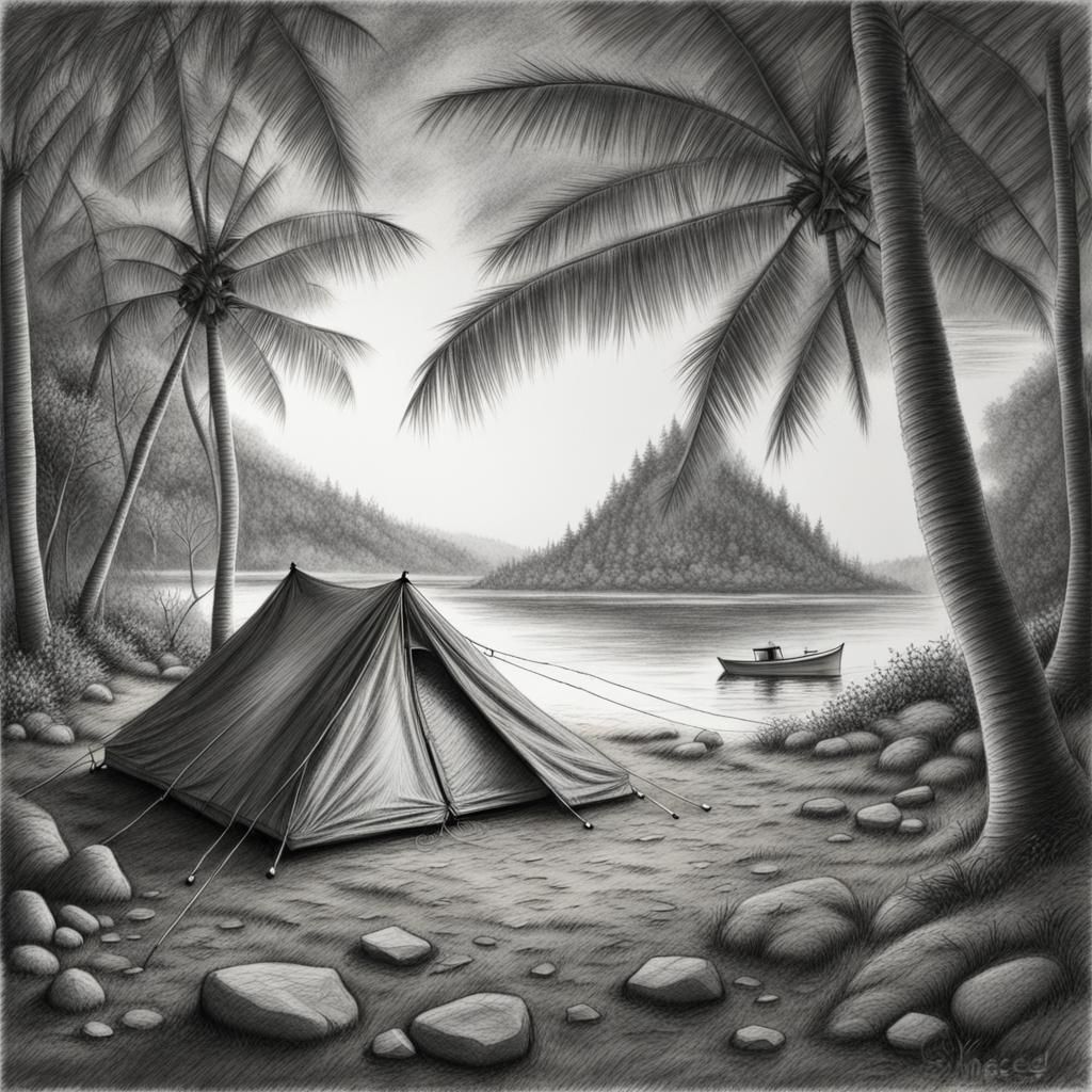 Camping Tent on Remote Island in Charcoal