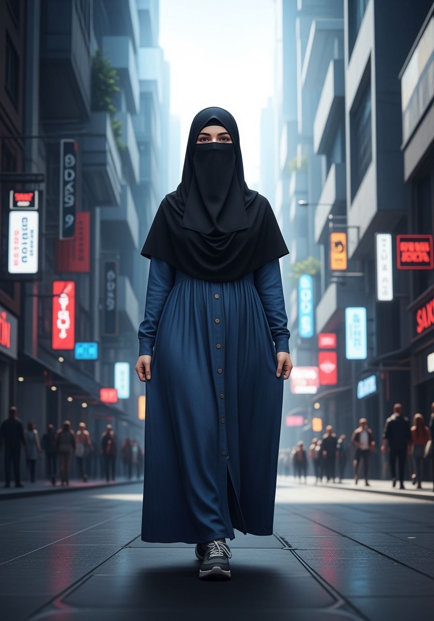Niqabi Woman Walking in Vibrant Futuristic City