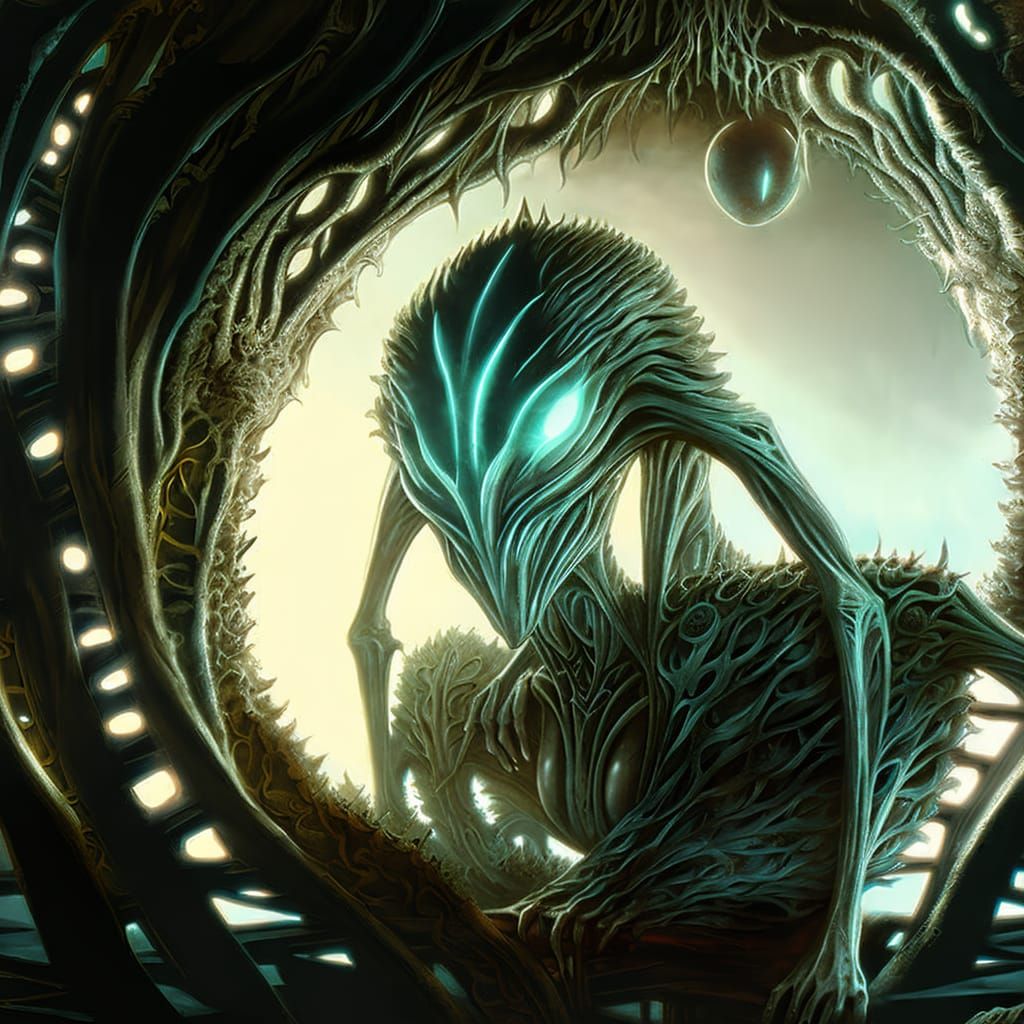 Alien Queen in Biomechanical Nest: Horror Art