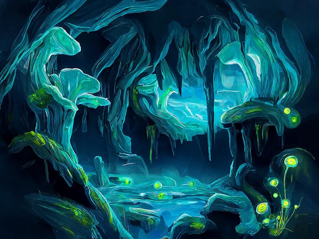 Aquamarine Cavern with Glowing Fungus Trees