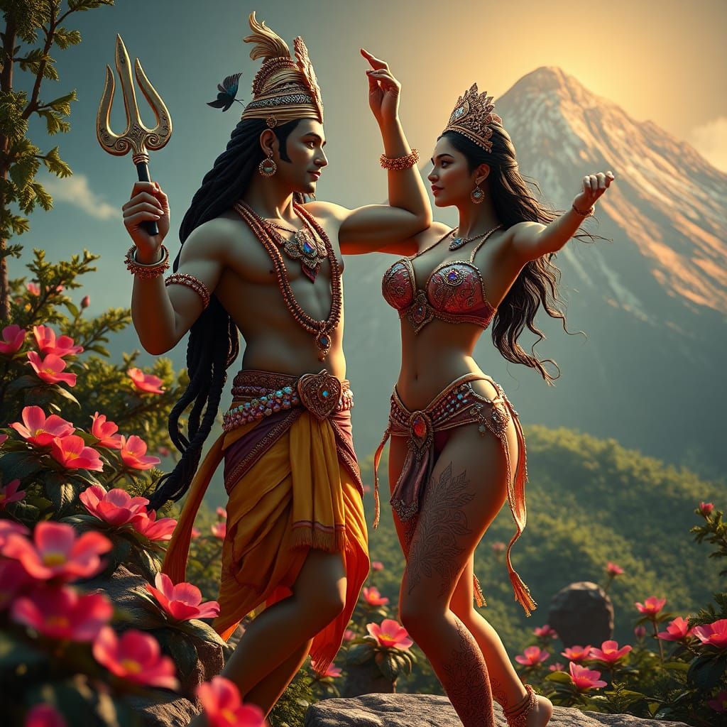 Vishnu and Indian Woman Dance at Mount Meru in Anime Style