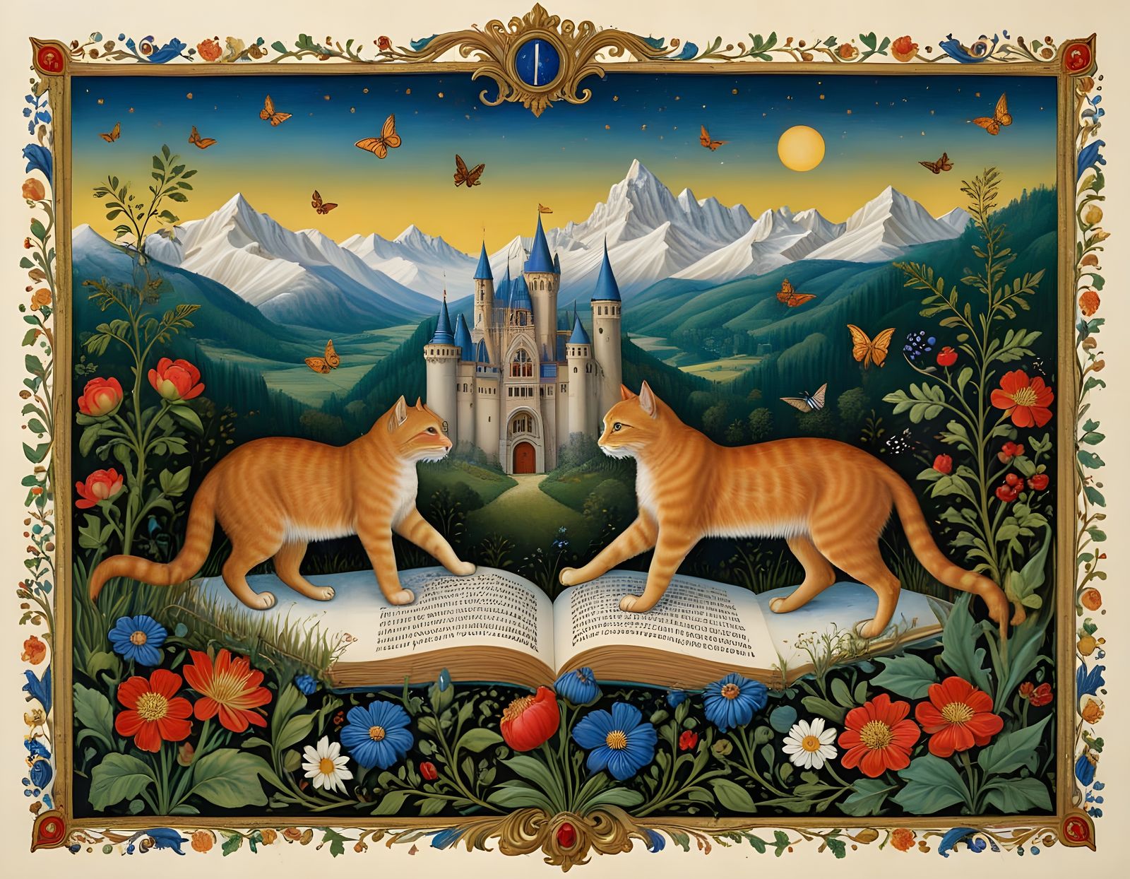 Cats in Snowy Field, Illuminated Manuscript Style