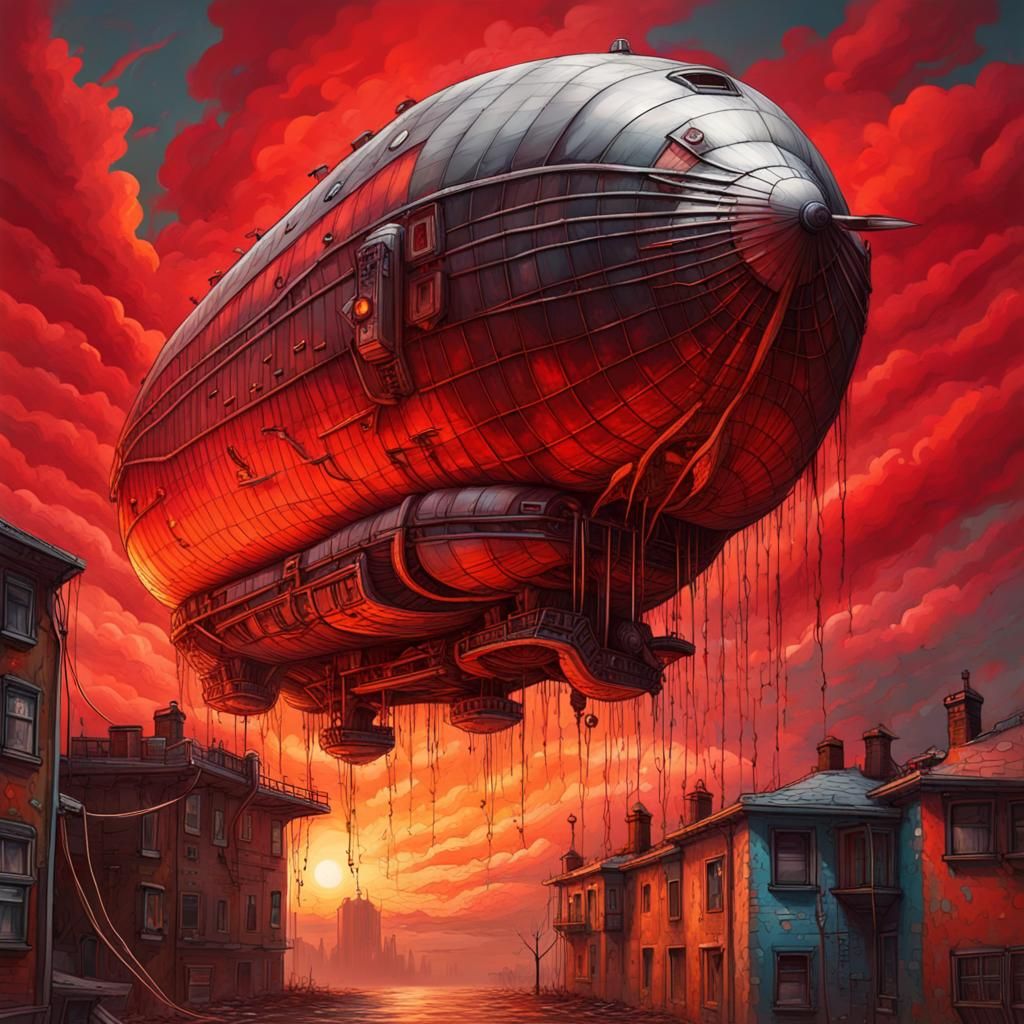 Airship Against Fire Red Sky in Graffiti Art Style