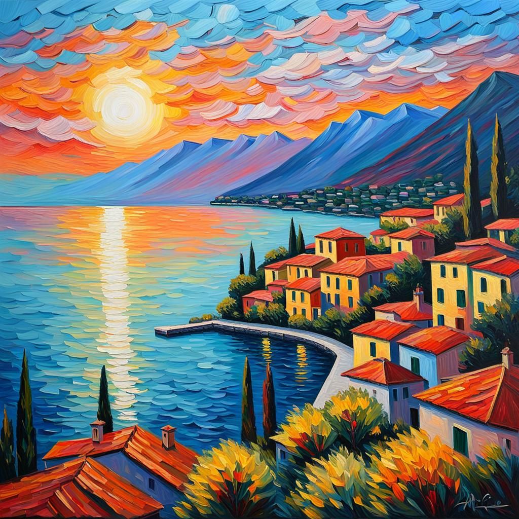 Garda Lake Sunset in Expressionist Impasto Style