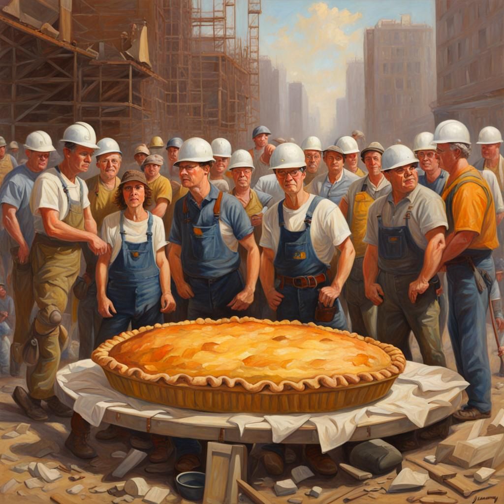 Enormous Apple Pie Construction Site, Realist Oil Painting