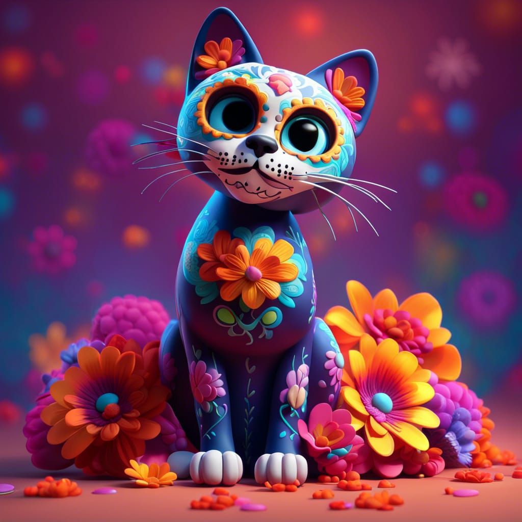 Cat Sugar Skull in Day of the Dead Style