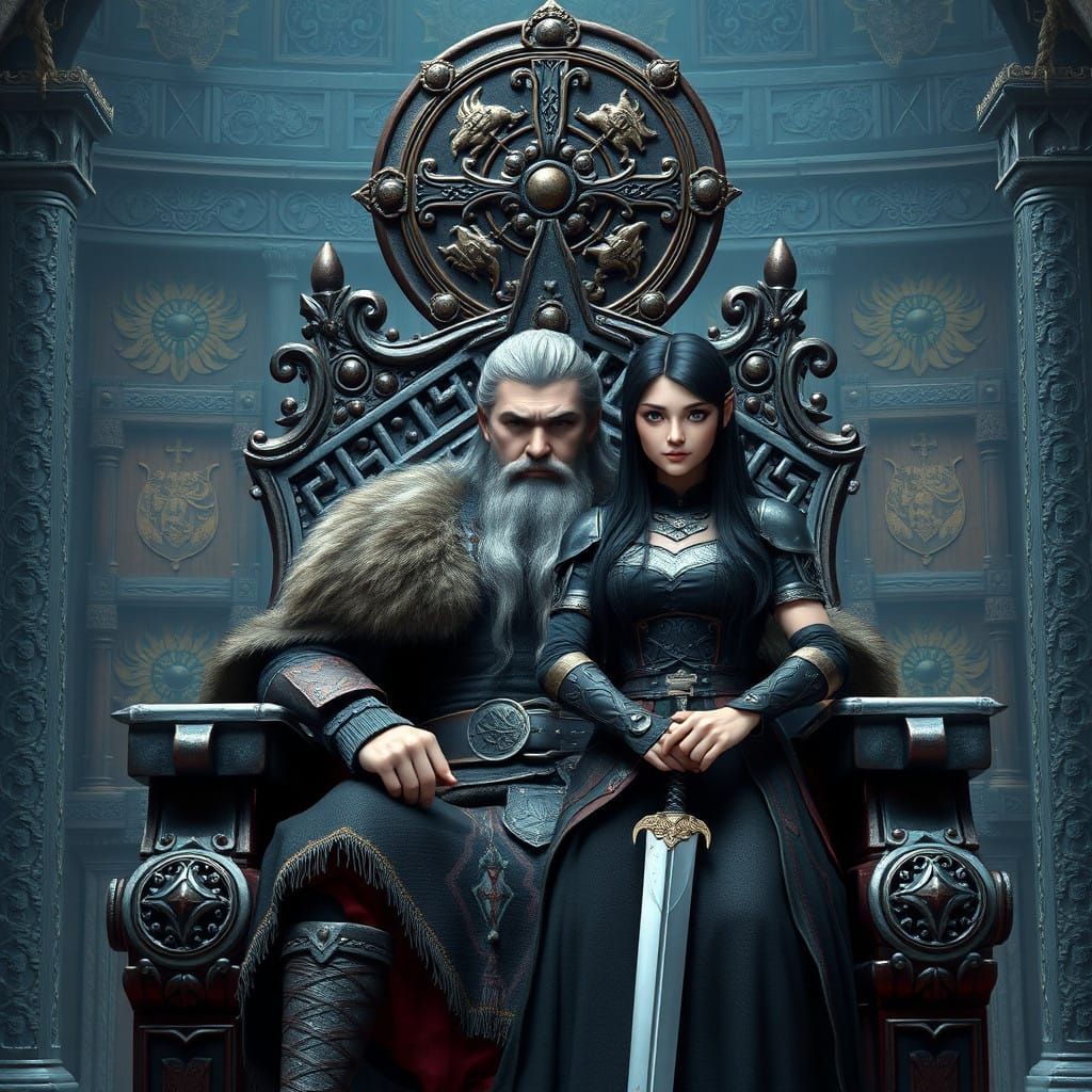 Regal Viking King and Warrior Daughter on Throne in Castle