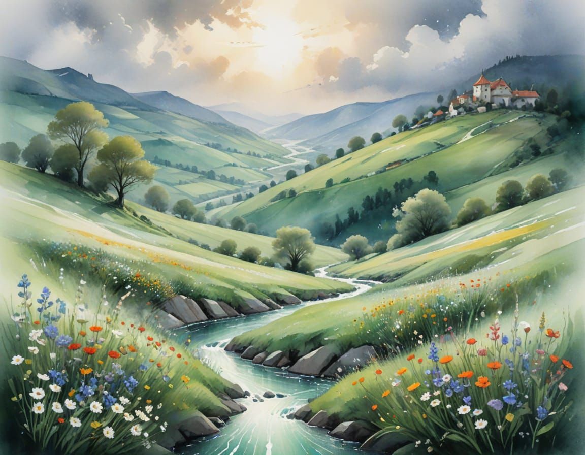 Misty Valley Watercolor Painting in Spring Rain