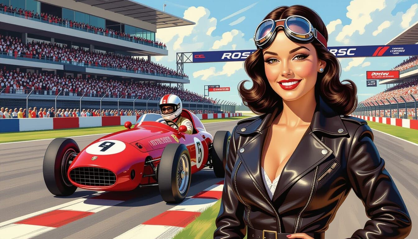 Pinup Racer Model Poses with Vintage Alfa Romeo