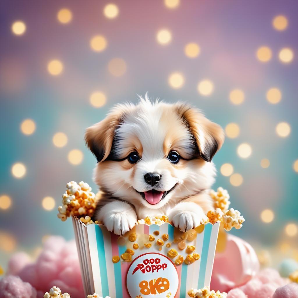 Fluffy Puppy in Popcorn Box: Cartoon Concept Art