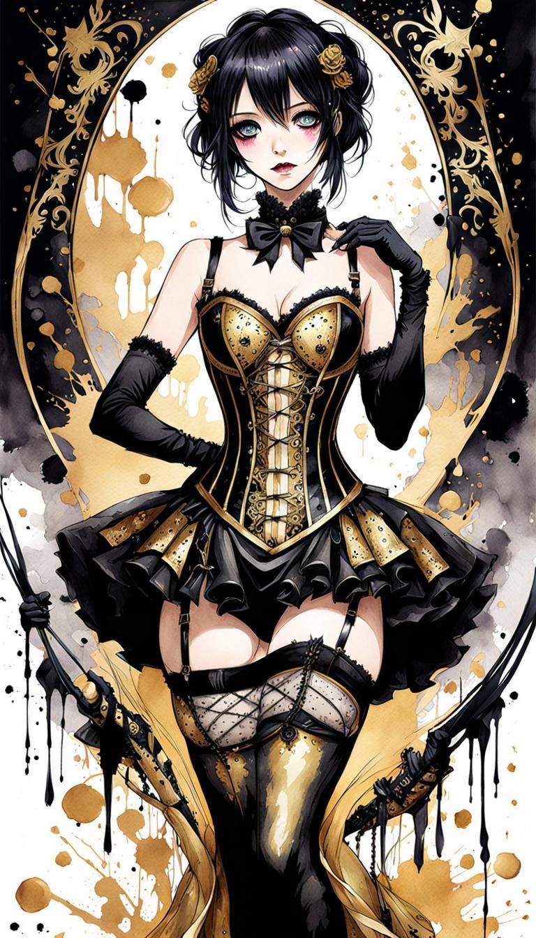 Goth Anime Girl in Gold Lace Ink Splatter Art
