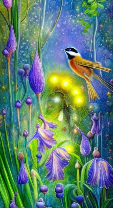 Chickadee in a Fantastical Garden as Watercolor Art