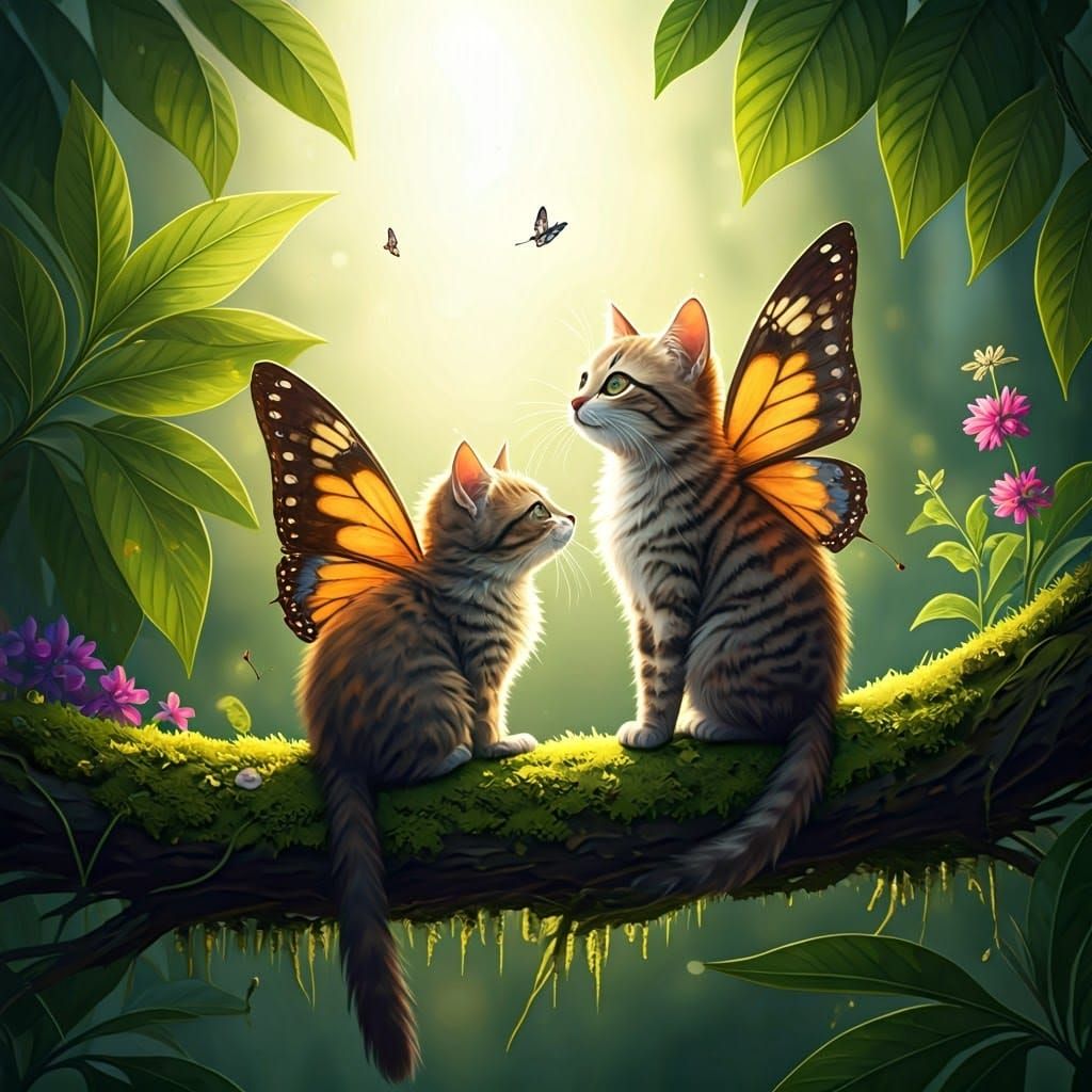 Butterfly-Winged Cats in a Whimsical Watercolor Landscape