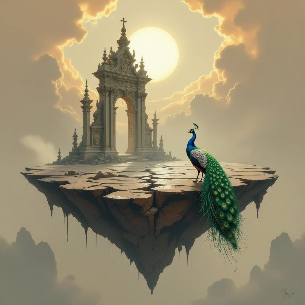 Desolate Island with Ethereal Peacock in Dark Fantasy Style
