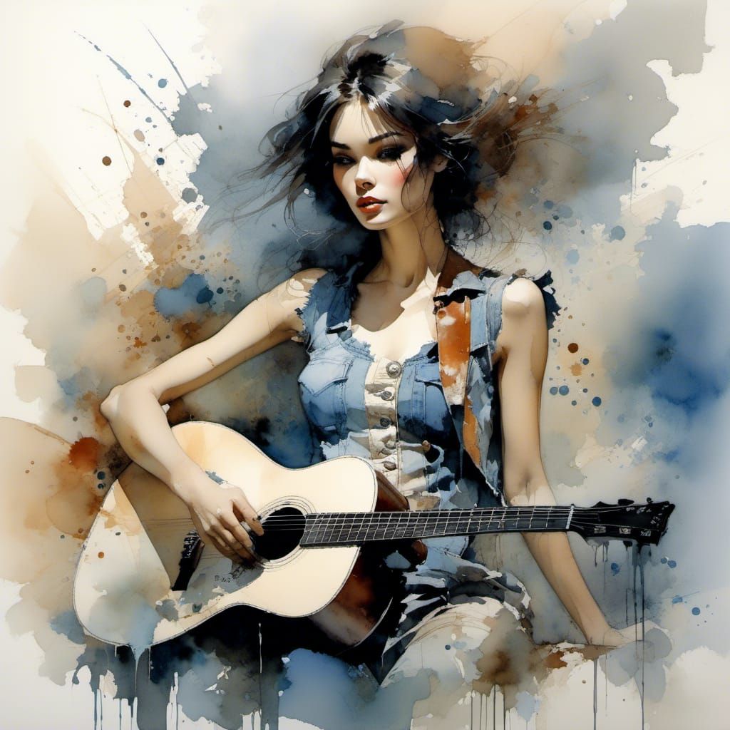 Girl with Guitar: Watercolor and Surrealism