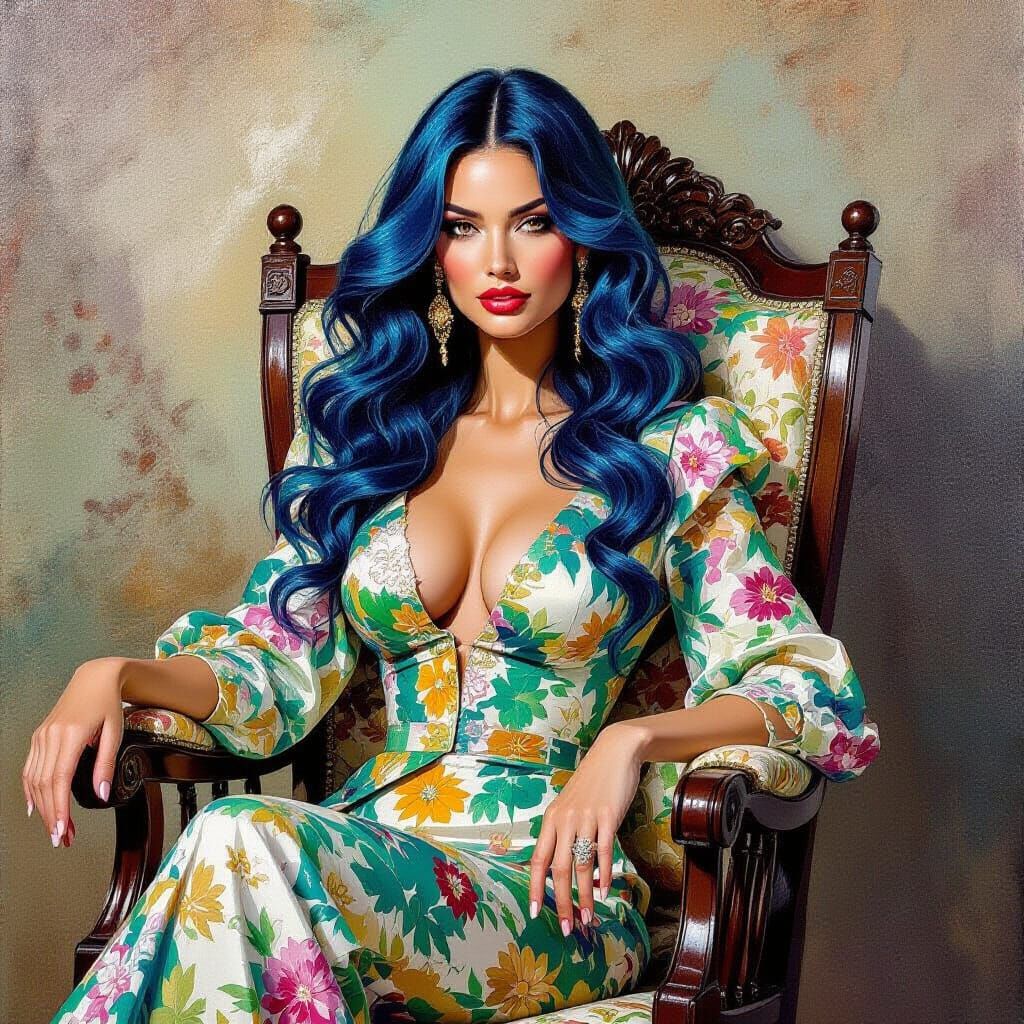 oil painting featuring a majestic figure of a fashion model with sapphire, flowing wavy hair, her form accentuat...