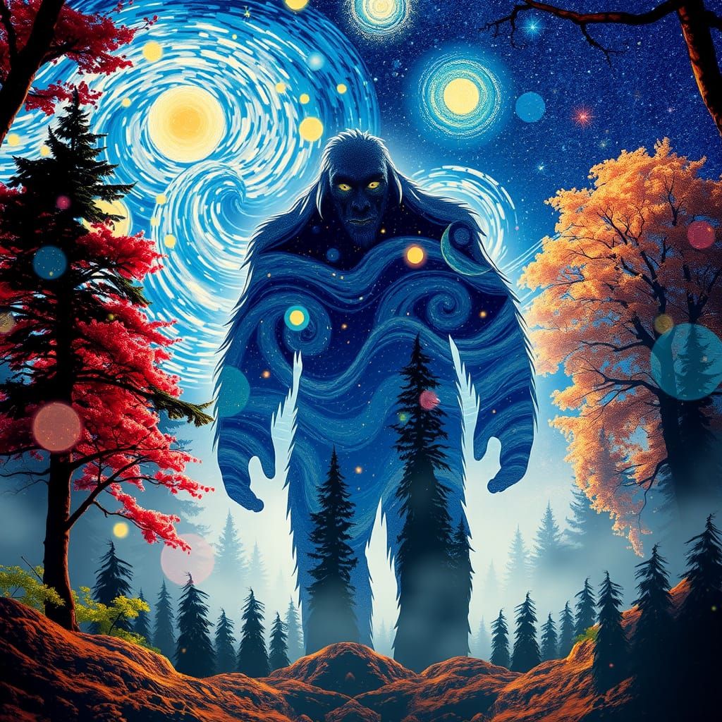 Yeti in Cosmic Forest: Van Gogh-Inspired Digital Art