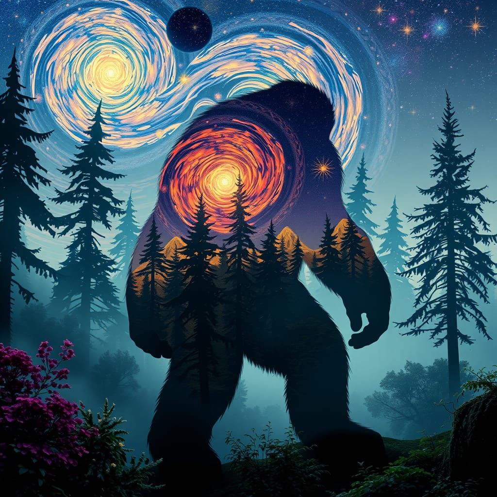 Yeti in Cosmic Forest: Van Gogh-Inspired Digital Art