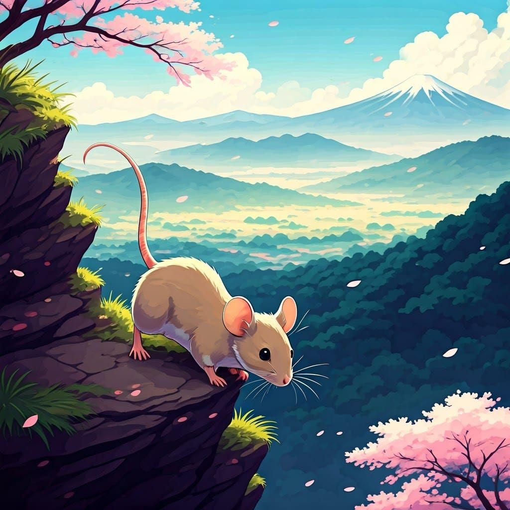 Mouse on Cliff's Edge, Serene Landscape in Vibrant Anime Sty...