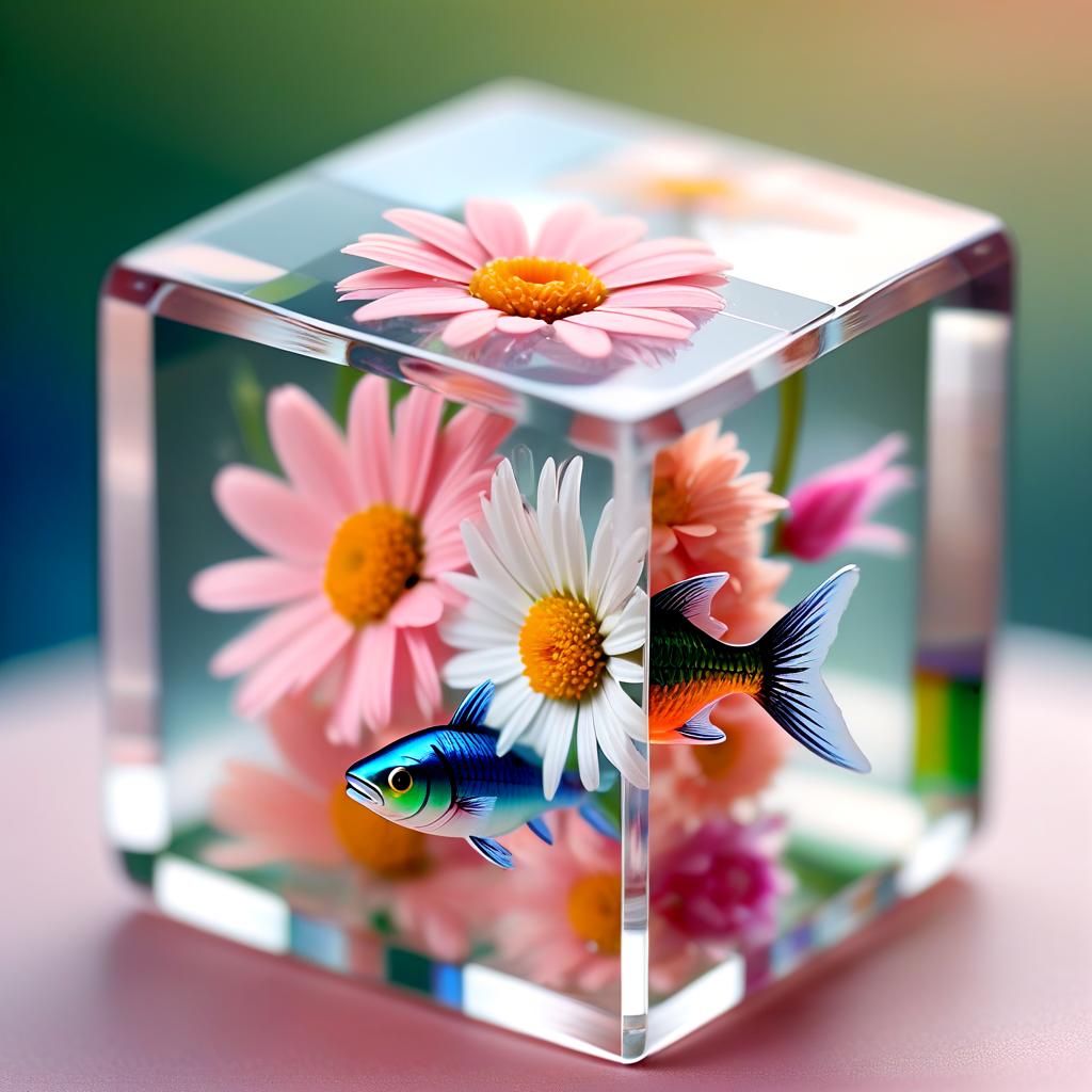 Daisies and Fish in Rubik's Cube: Hyperrealistic Macro