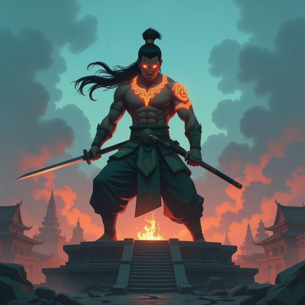 Muay Thai Warrior on Ziggurat in Anime Style