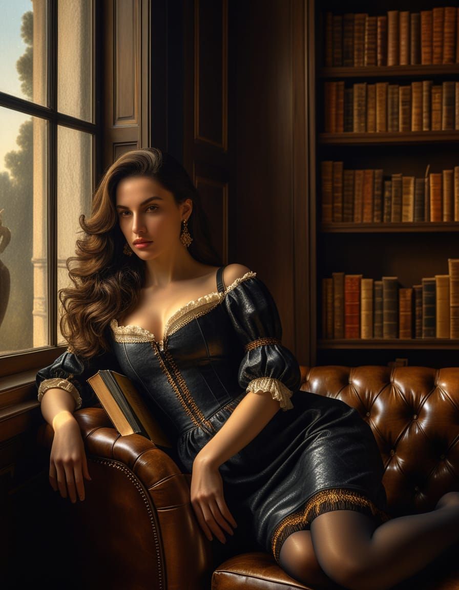 Woman Lounging in Baroque Oil Painting with Chiaroscuro