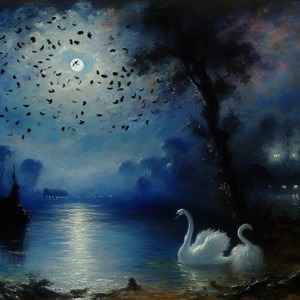Ethereal Swan Lake Under Moonlight: A Romantic Oil Painting