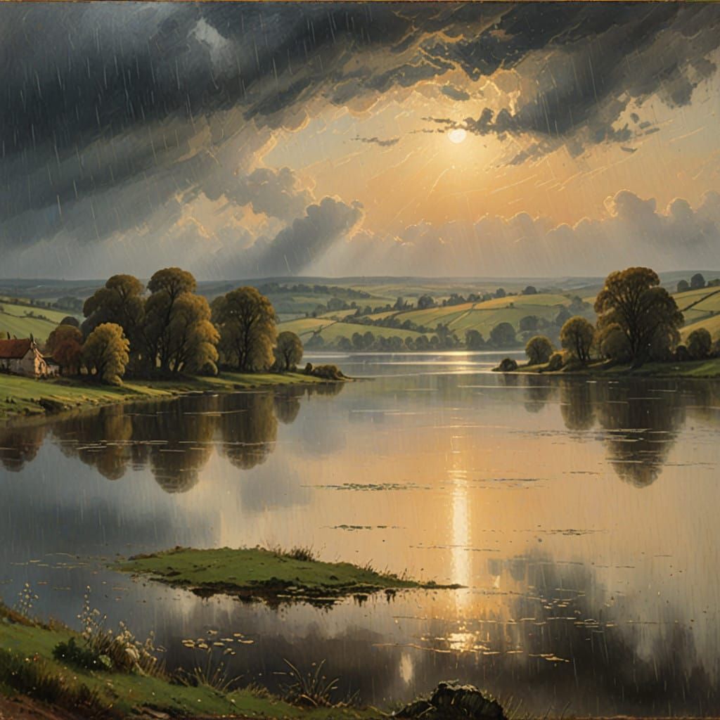 Peaceful Dusk Countryside Scene with Lake and Rain