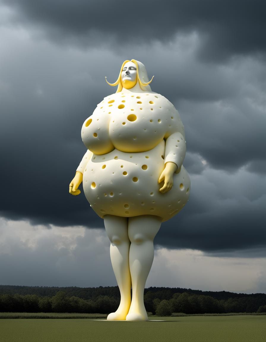 Surreal Cheese Giantess in Cloudy Sky