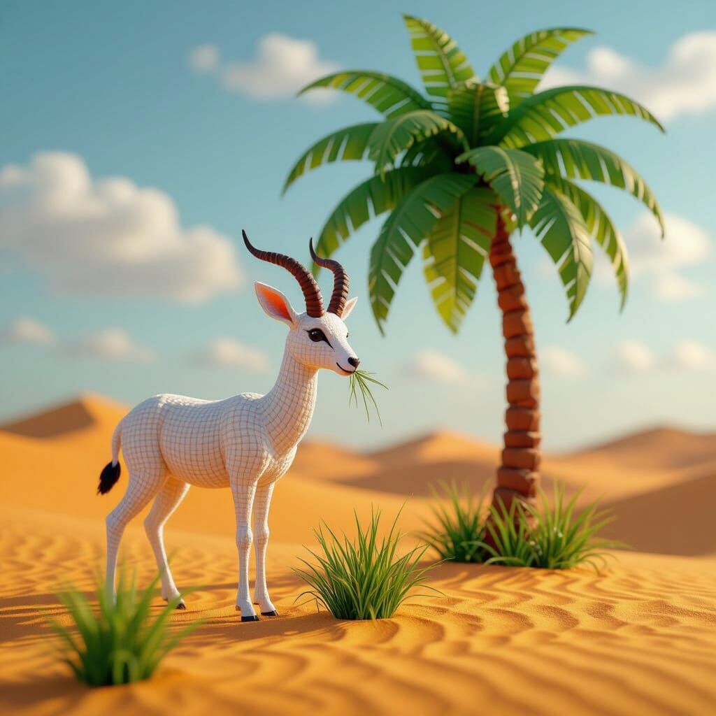 3D Linen Gazelle Under Palm Tree on Golden Dunes