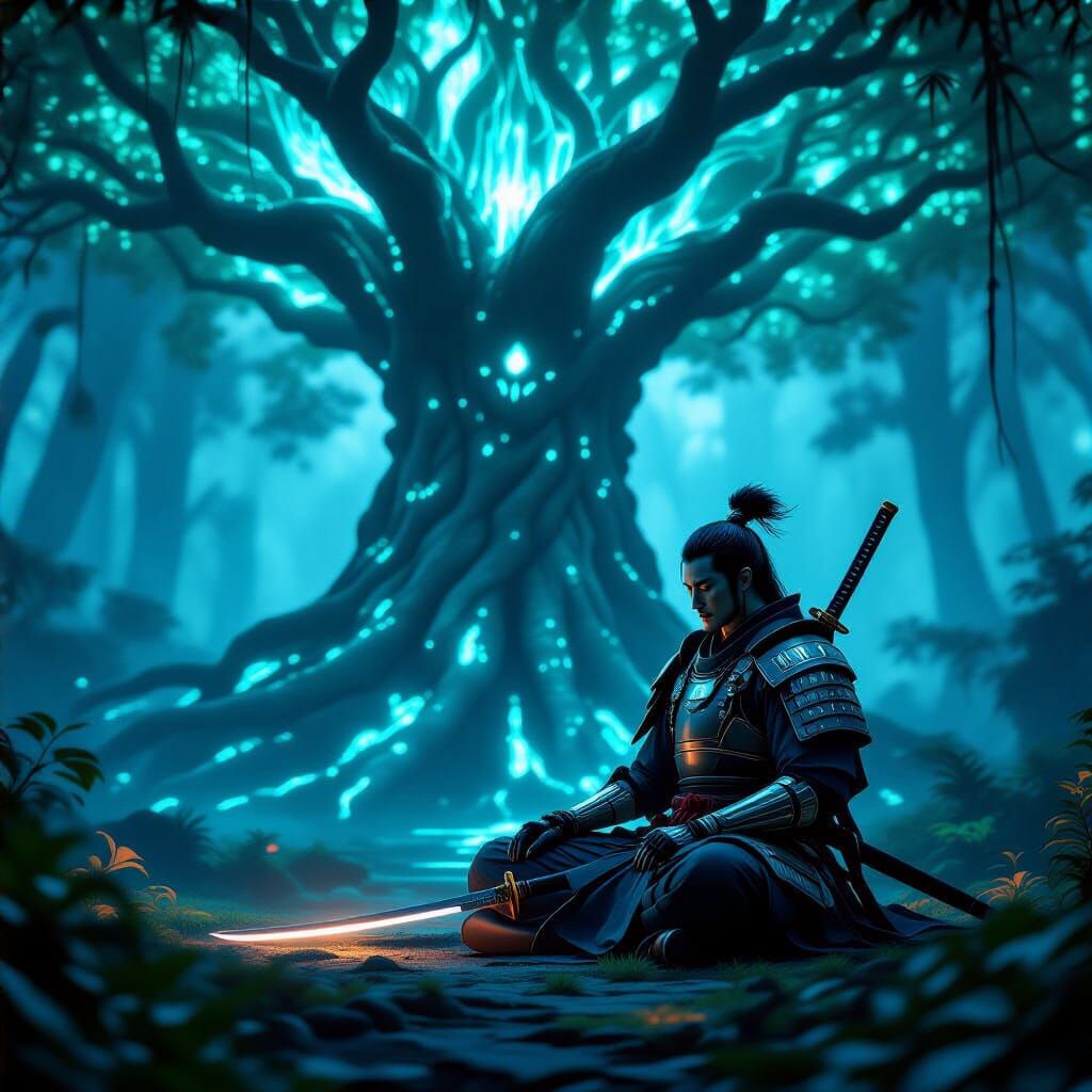 Futuristic Samurai Meditates in Bioluminescent Grove