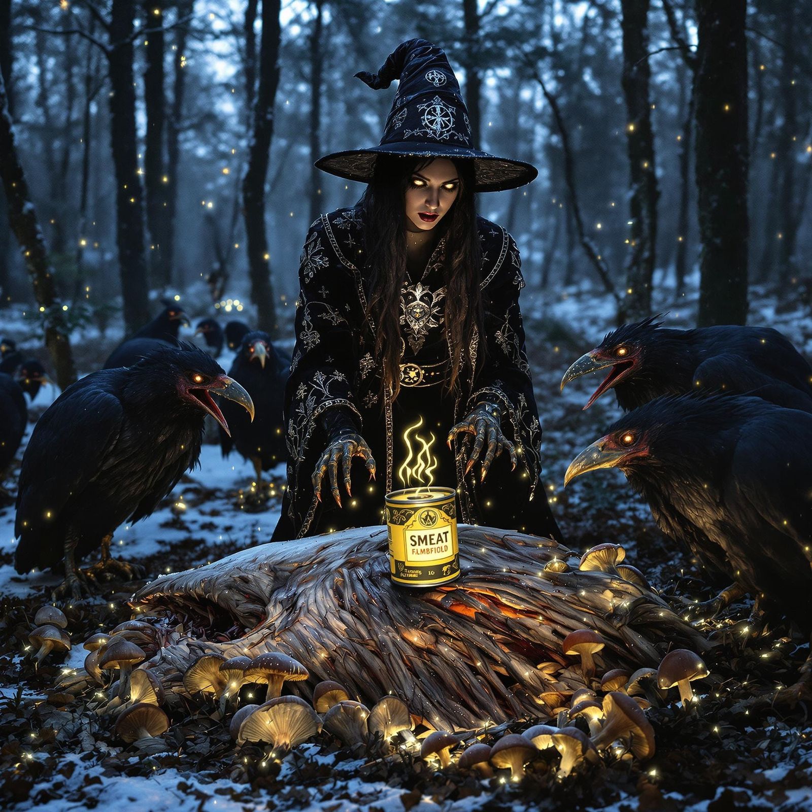 Medieval Sorceress in Dark Winter Forest with Glowing Mushro...