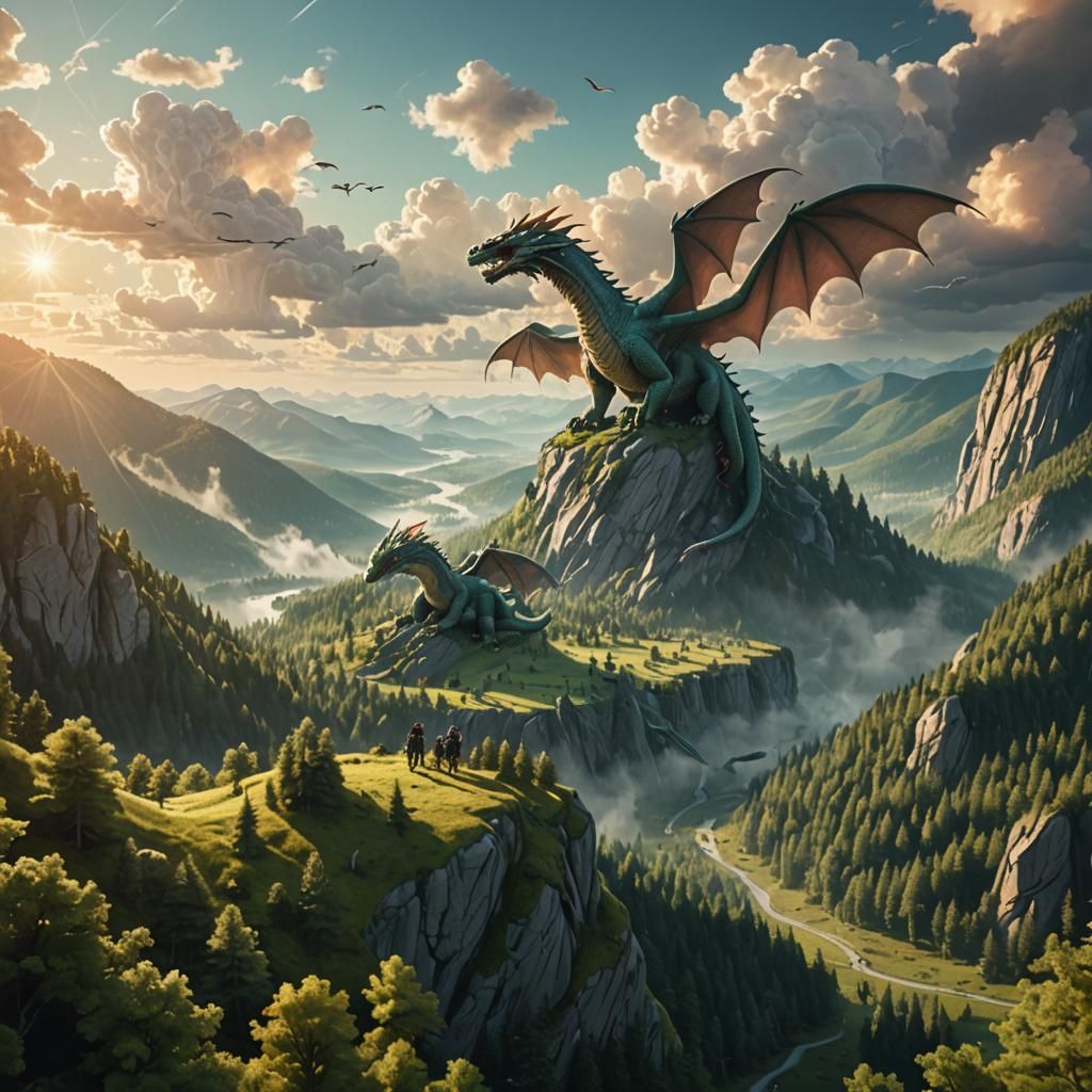 Dragons Roaming Freely in Cloudy Sky, Epic Aerial Scene