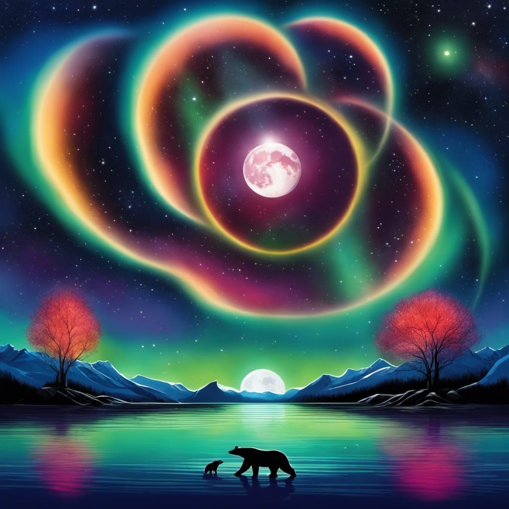 Polar Bear Under Aurora Rose Moon