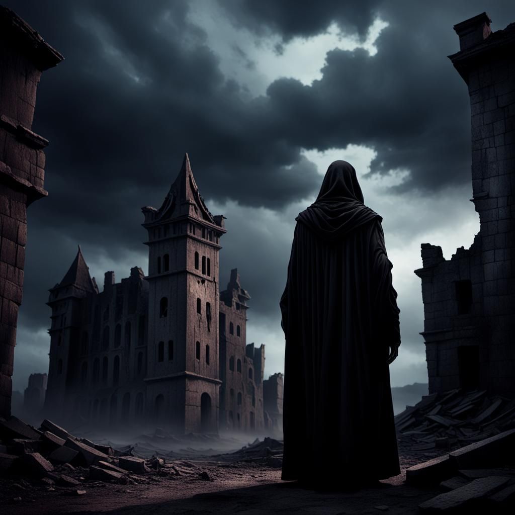 Haunting Figure in Ruined Landscape: Dark Fantasy Art