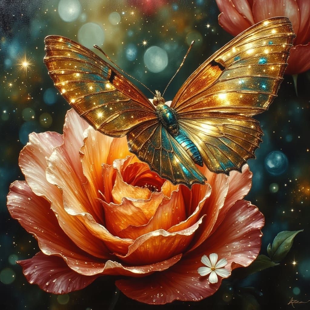 Hyperrealistic Butterfly on Rose Trompe-l'œil Painting