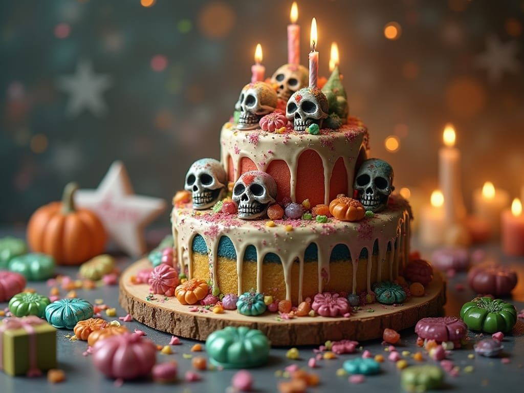 Creepy Candy Skull Birthday Cake with Fantasy Background