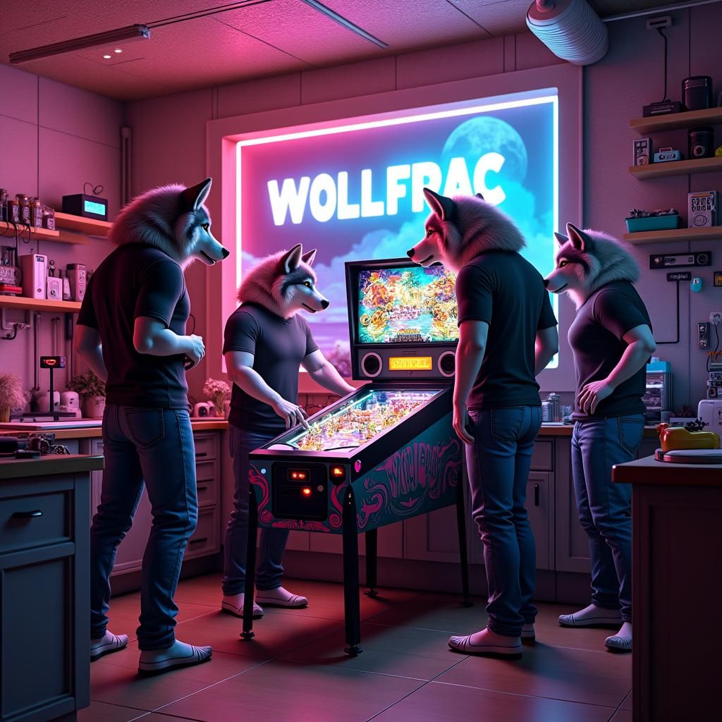 Retro 80s Neon Wolves in Electronics Lab