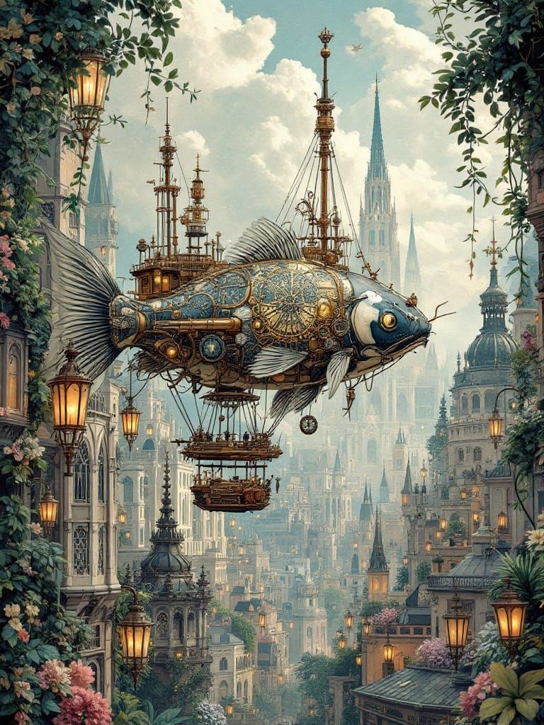 Steampunk Airship Soars Through Vibrant Cityscape in Pastel ...