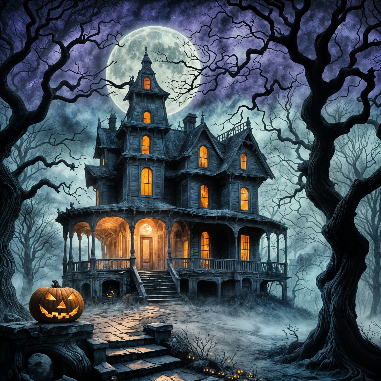 Haunted House Under Full Moon, Digital Watercolor