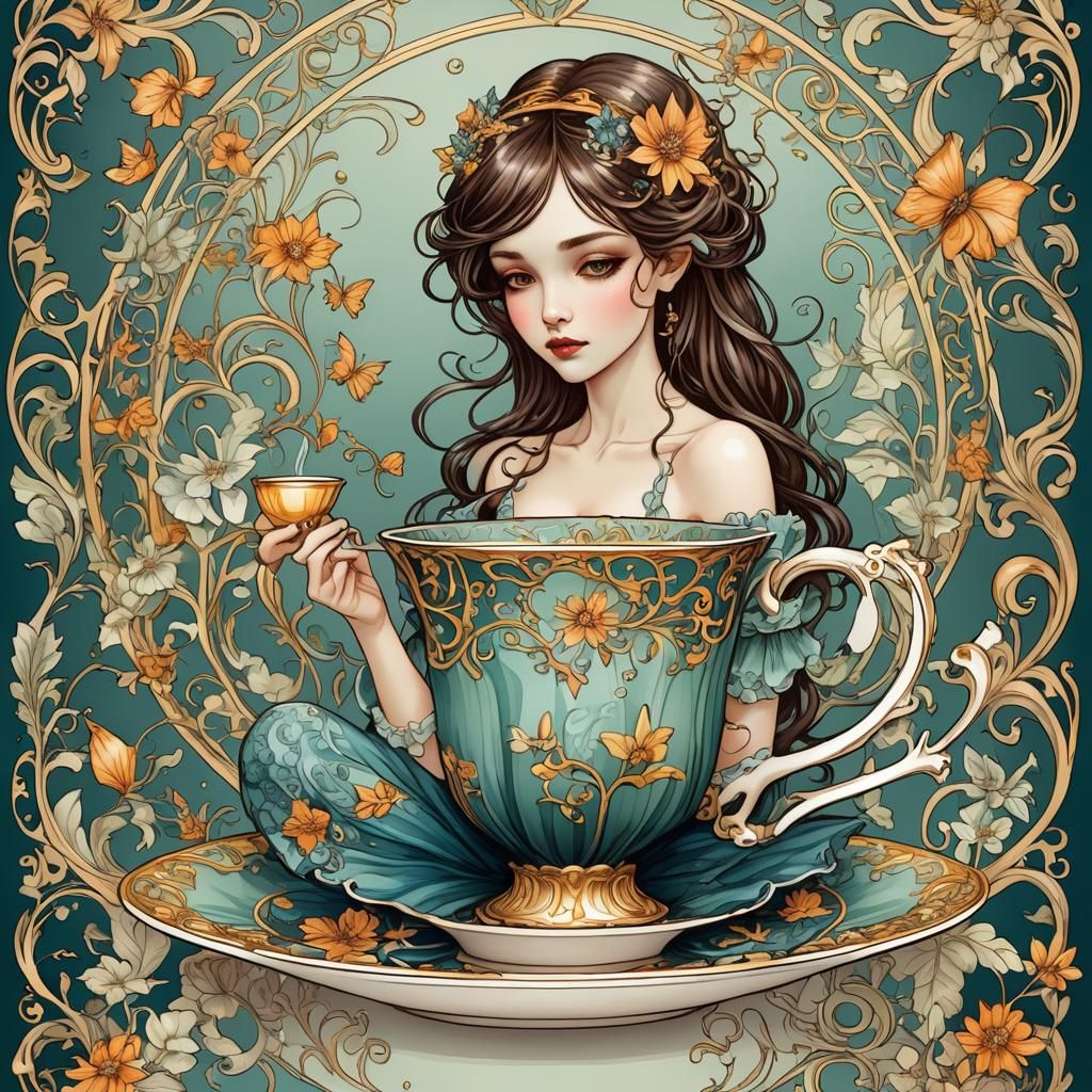 Fairy Soaking in Teacup: Comic Art Nouveau Style