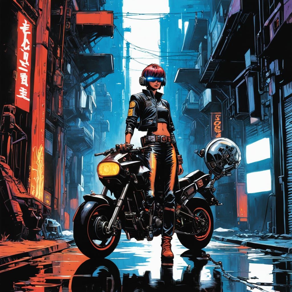 Cyborg Bounty Hunter in Neon Alleyway: Cinematic Portrait