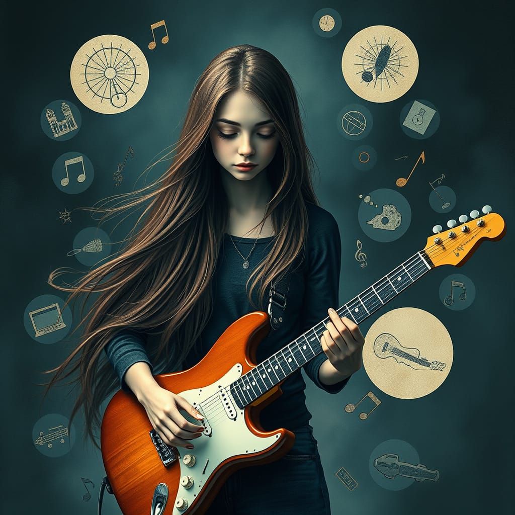 surreal musician girl (brown long flowing hair) playing elec...