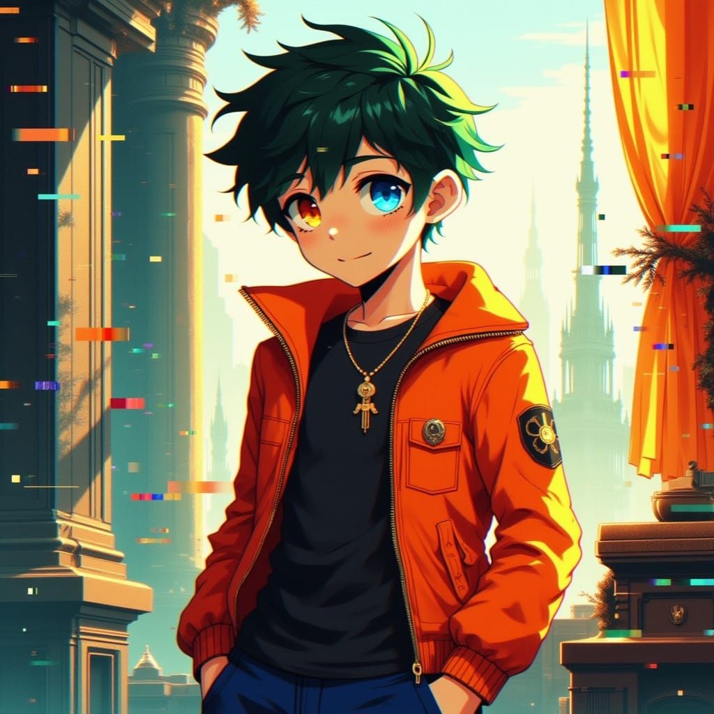 Cyberpunk-Inspired Anime Boy with Shy Smile and Vibrant Colo...