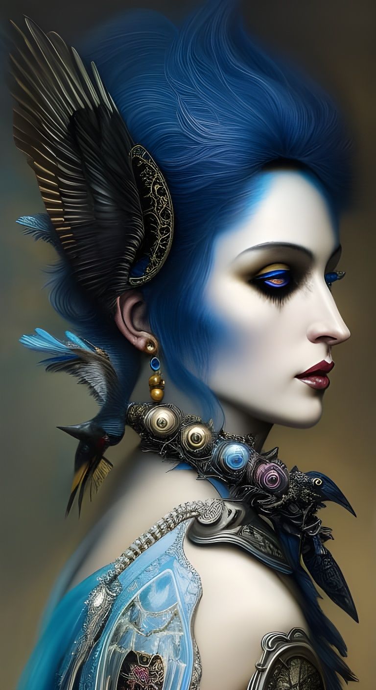 Gothic Raven Goddess Portrait in Silver and Blue