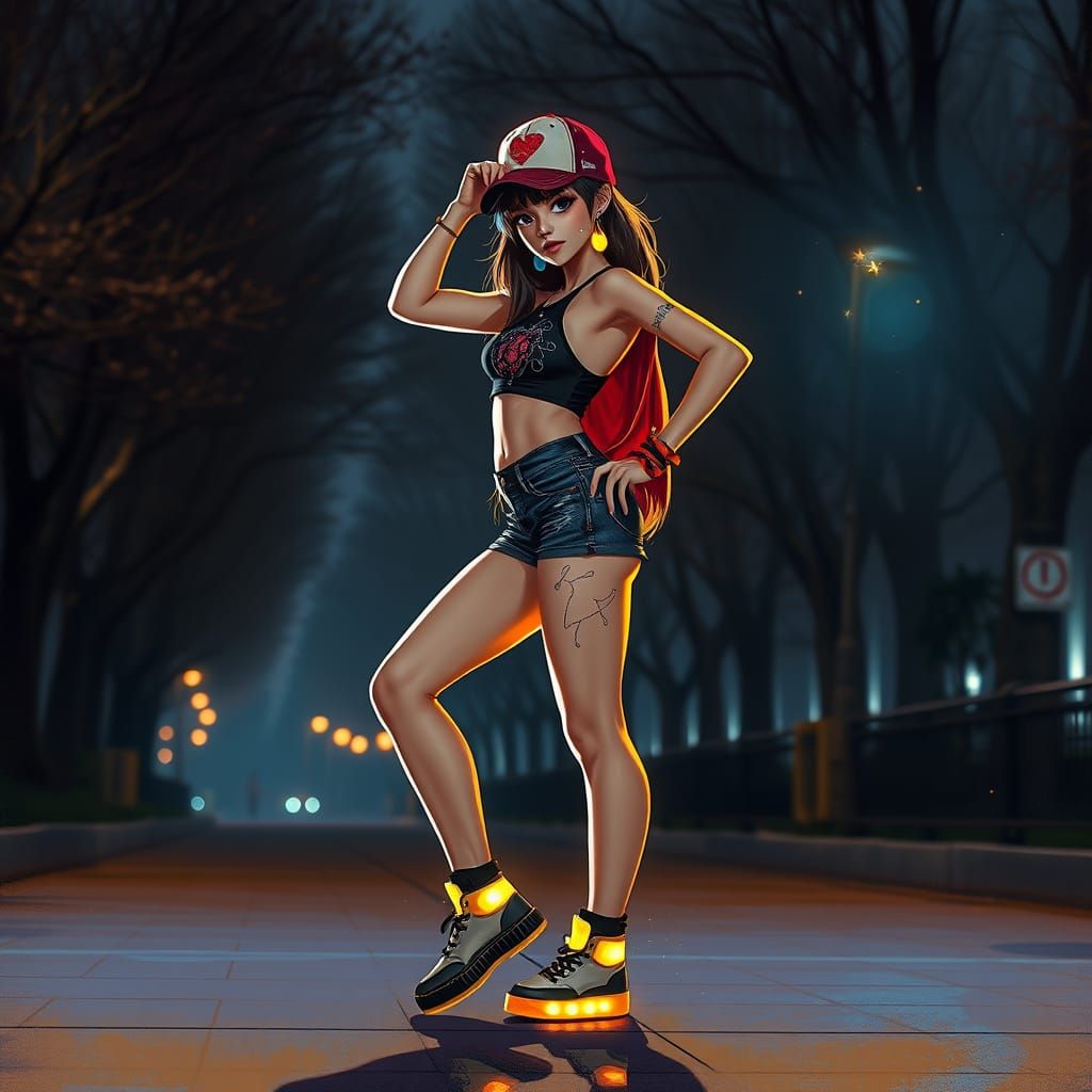 Luminous Hiphop Dancer in Night Park, Digital Painting