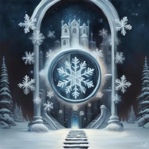 Magical Surrealist Clock Tower in Winter Snow