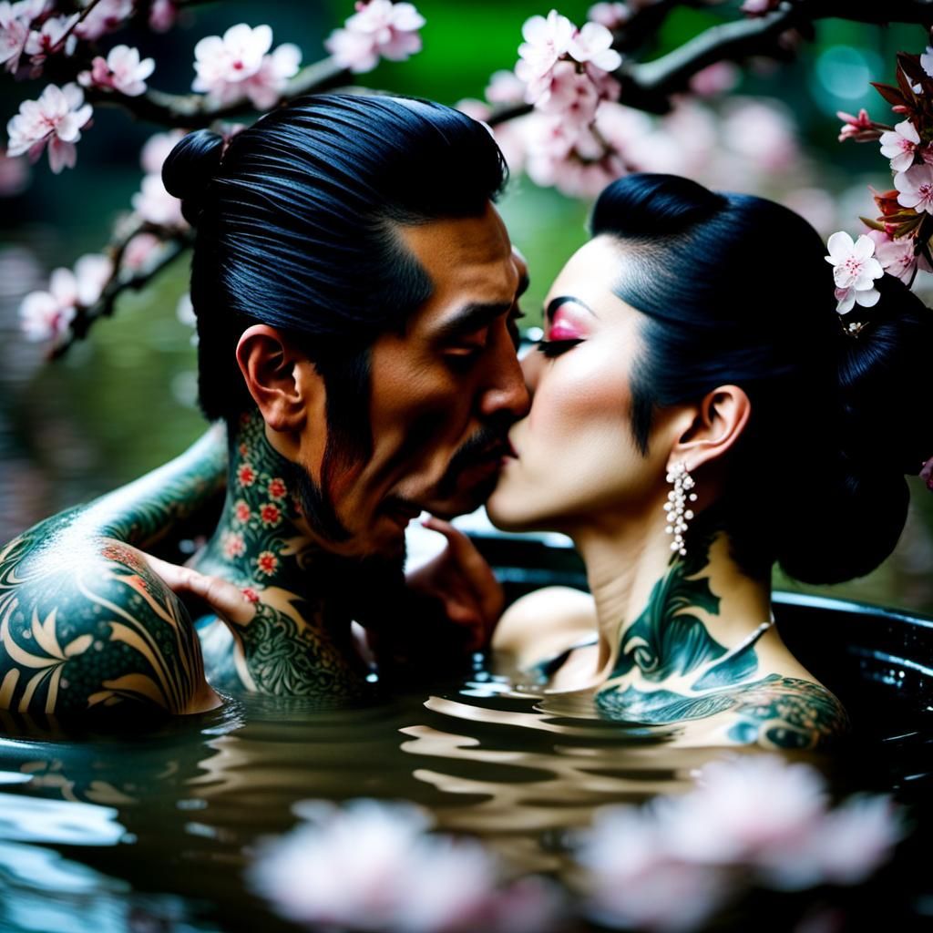 Japanese Woman and Yakuza Husband Kissing
